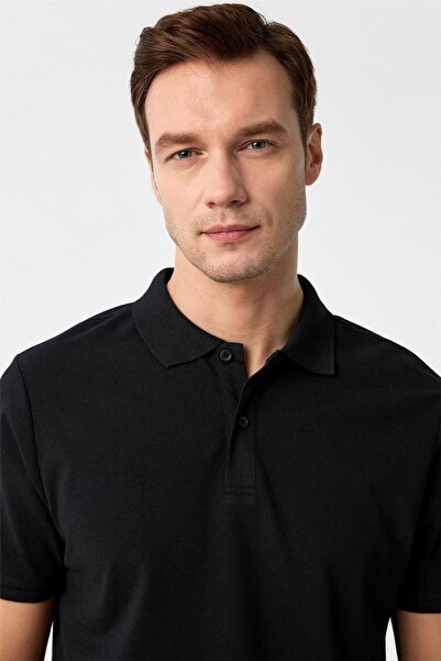 SÜVARİ Μαύρο κανονικό μπλουζάκι με γιακά πόλο Dobby