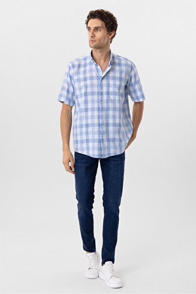 SÜVARİ Buz Mavi Regular Fit Düz Düğmeli Yaka Kısa Kollu Gömlek