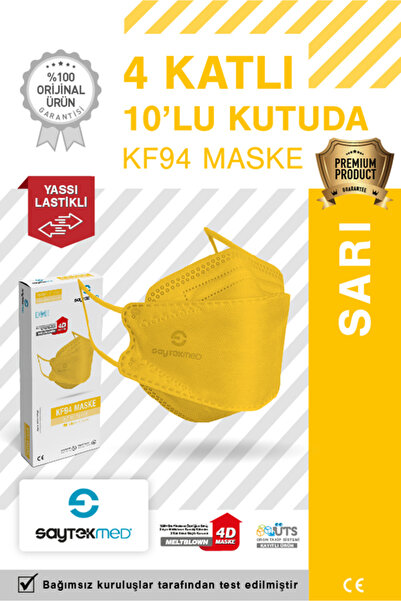 SAYTEKMED KF94 Kore Tipi 4 Katlı Sarı Maske Tekli Poşet, Uv Steril (10 ADET/1 KUTU)