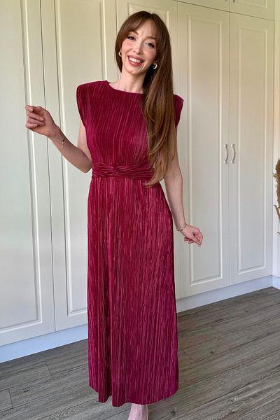 Dilay Gökoğlu Butik Rochie burgundă cu talie midi Crinkle căptușită