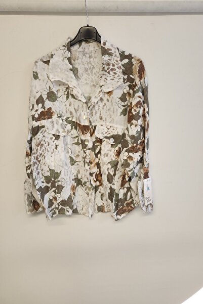 della moor White Women's Italian Rose Patterned Foldable Long Sleeve O Oversized Linen Shirt