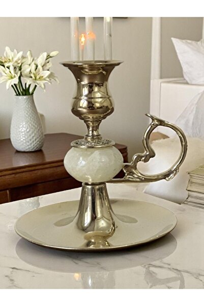 BRONZE ŞAMDAN Pirinç Döküm El Şamdanı Mermer Detaylı 10,5 x h.12,5 cm