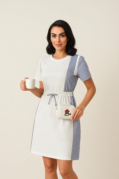 badibadii Striped Garnished Elastic Waisted Summer Modal Dress – Stylish Comfortable Casual Model