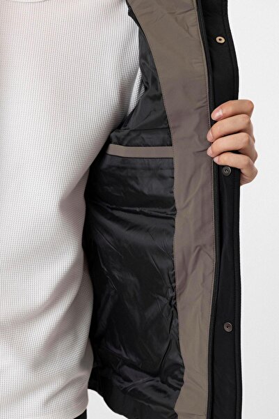 SÜVARİ Horseman Slim Fit Black Hooded Embossed Men's Coat