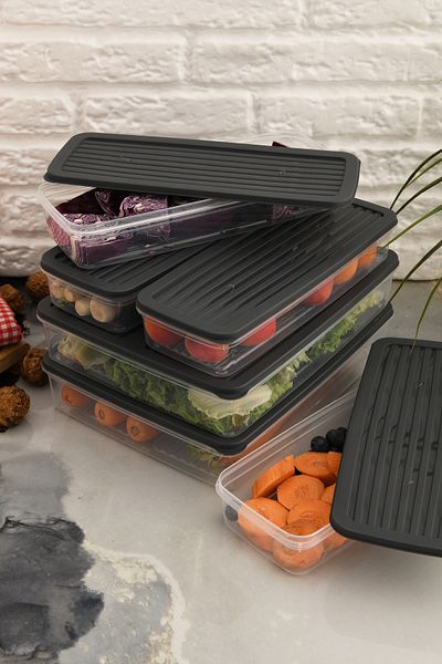 Leila 6 Pcs Anthracite Lid Storage Container, Suitable for Refrigerator Organizer Microwave and Freeze 9Lt