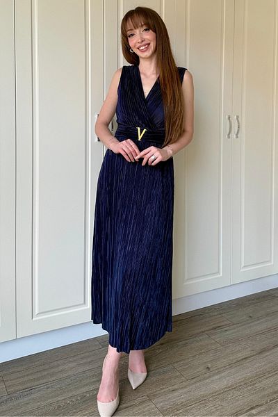 Dilay Gökoğlu Butik Rochie bleumarin cu cataramă midi cu guler dublu