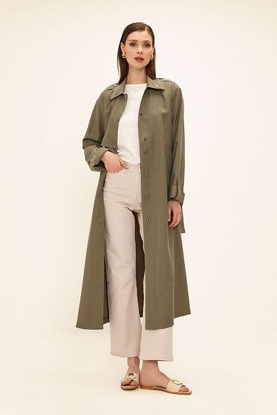 Olcay Ungefütterter Modal-Trenchcoat mit Kontrastnähten KHAKI 6717