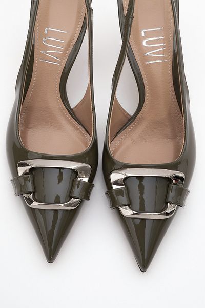 LuviShoes Lustre Khaki Patent Leather Buckle Pointed Toe Women's Heeled Shoes