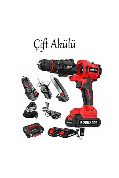 Rodex Değiştirilebilir Başlıklı Akülü 5'li Set 20 V 2.0 Ah Taşlama Matkap Dekubaj Testere Pala Top Şişirme