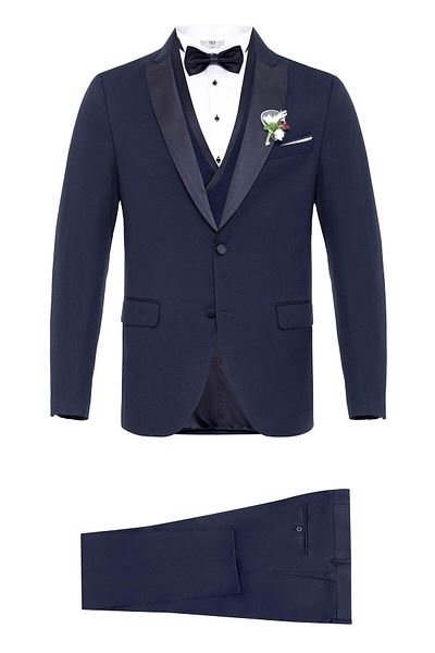 SÜVARİ Navy Blue Slim Fit Dobby Pointed Collar 6 Drop Tuxedo & Groom Suit