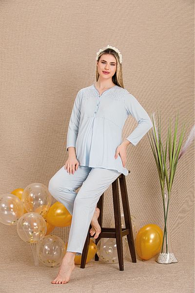 Lady Lingerie Set de pijamale de maternitate cu mâneci lungi și guler cu nasturi