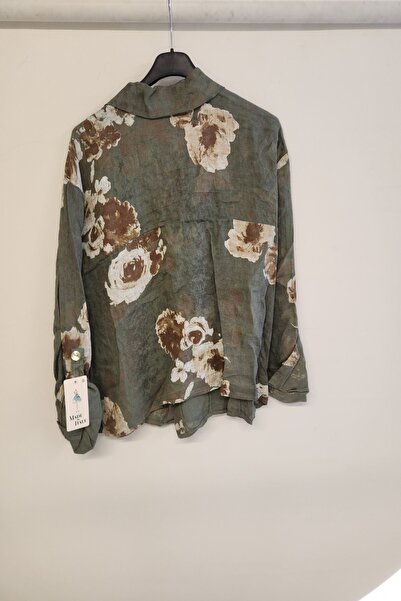 della moor Khaki Women's Italian Rose Patterned Foldable Long Sleeve O Oversized Linen Shirt