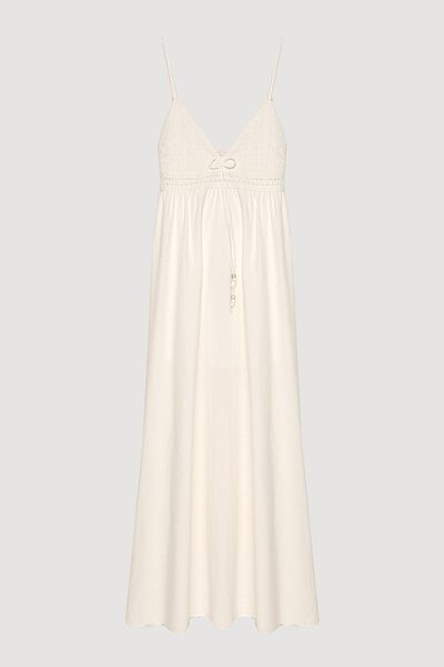 Quzu Stripe Gipe Detailed Strappy Long Dress Ecru