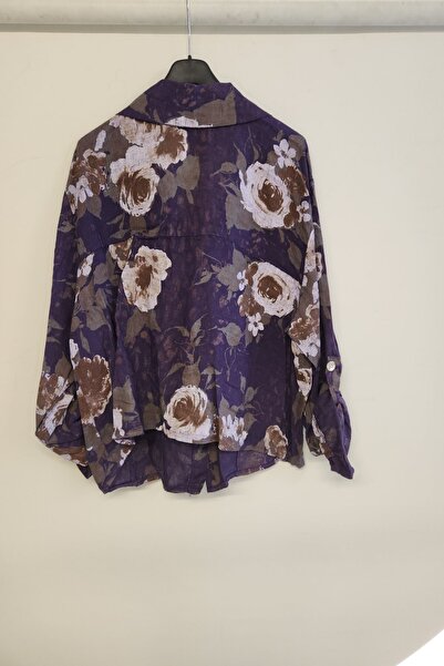 della moor Purple Women's Italian Rose Patterned Foldable Long Sleeve O Oversized Linen Shirt