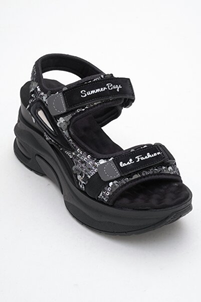 LuviShoes Arthur Black-Grey Sequin Banded Thick Sole Women's Sports Sandals