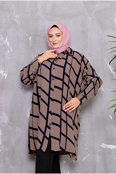 Sevda Kılınç Large Size Patterned Woven Viscose Fabric Shirt