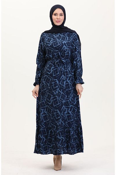 sefamerve Φόρεμα βισκόζης με μοτίβο ζωσμένο 0011-01 Navy Blue