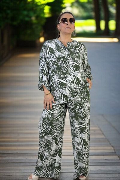 yagmurberen Palm Print Front Half Buttoned Judge Collar Bluzel Belt Elastic Waist Trousers Large Size Double Set
