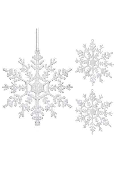 Springos Snowflake Christmas tree decoration set, 3 pieces, 12 cm, with string, white with glitter