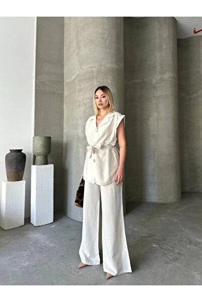 velmorafashion Velmora Linen Zero Sleeve Belted Jacket Pants Two-Piece Set - White -