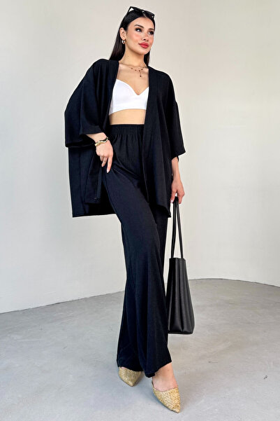 Cappmoda Tkm-13297 Black Modern Cut Kimono & Loose Trousers Summer Double Set