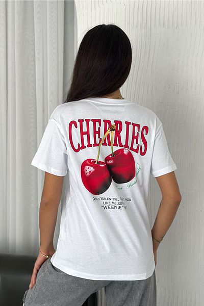 FEMELLE Tricou de damă, 100% bumbac, cu decolteu în V, imprimat cireșe