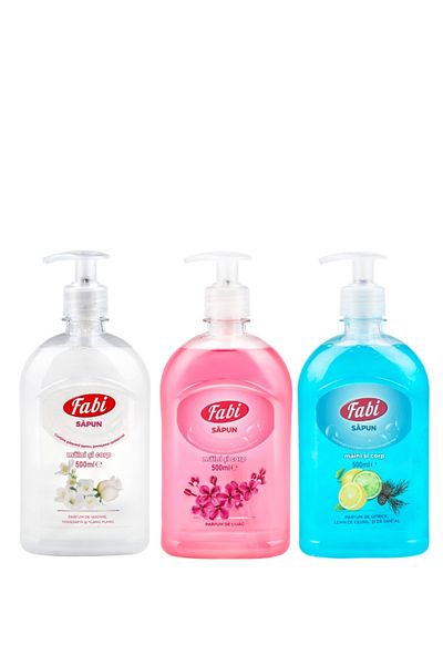 FABI Pack of 3 X Liquid Soap, , 3 X 500ml, With Pump, White, Pink and Blue