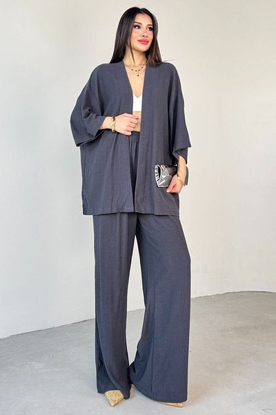 Cappmoda Tkm-13297 Anthracite Modern Cut Kimono & Loose Trousers Summer Double Set