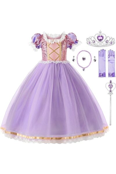 EvrikaUnity Rochie Printesa Rapunzel pentru Copii, cu Coronita si Accesorii, ...