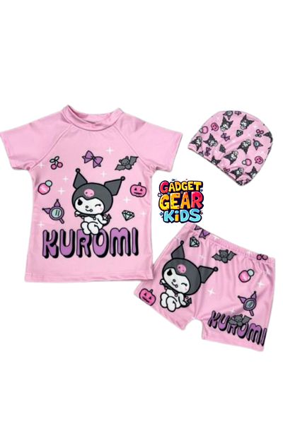 Gadget Gear Female Child Short-Sleeve Bottom-Top Bonnet Print Detail Swimsuit Yaki