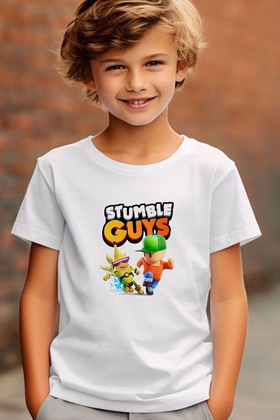 Store تي شيرت مطبوع عليه نمط Stumble Guys للأطفال باللونين الأبيض والأسود