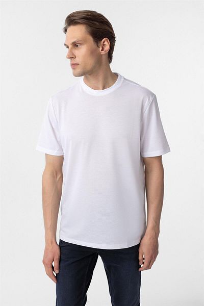 SÜVARİ Λευκό μπλουζάκι με λεπτή εφαρμογή Dobby Crew Neck