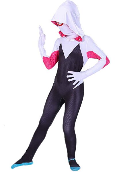 EvrikaUnity Costum Copii Gwen Spiderman, Marvel, Caracter Fata, Lycra, 9-10 ani, 135-145, Alb / Negru