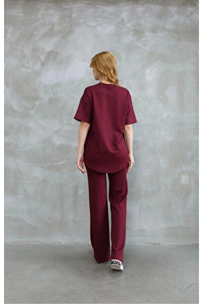 velmorafashion Velmora Osy Modal Soft Textured Fabric Crew Neck Stone Detailed Short Sleeve Set - Burgundy -