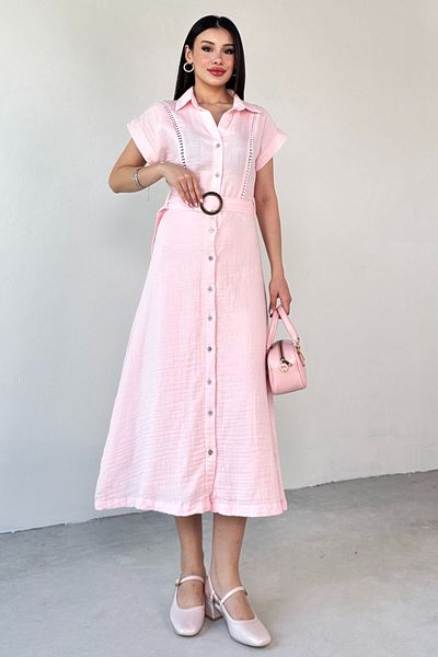 Cappmoda ELB-01785 Καλοκαιρινό φόρεμα με κουμπιά με γιακά πουκάμισο με ζώνη σε σκόνη