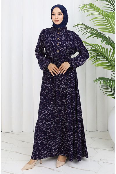 sefamerve Φόρεμα με μοτίβο από ύφασμα βισκόζης 0068-05 Navy Blue