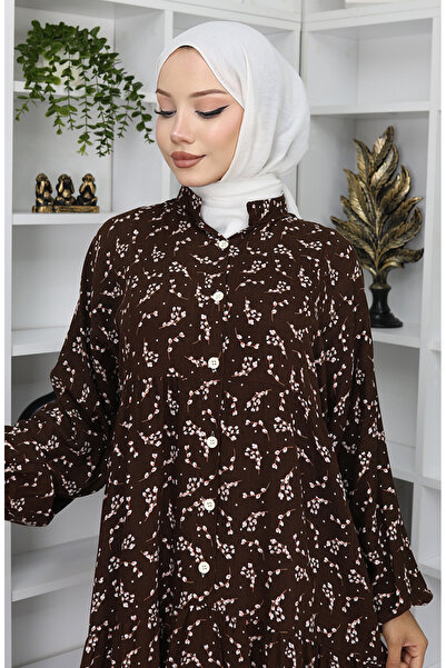 sefamerve Viskon Kumaş Desenli Elbise 2048-02 Kahverengi