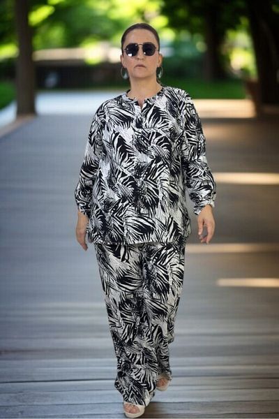 yagmurberen Palm Print Front Half Buttoned Judge Collar Bluzel Belt Elastic Waist Trousers Large Size Double Set