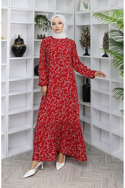 sefamerve Viscose Fabric Patterned Dress 0065-03 Red
