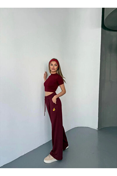 velmorafashion Velmora Osy Modal Soft Textured Fabric Embroidered Comfortable Wide Leg Sweatpants - Burgundy -