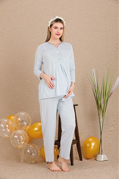 Lady Lingerie Short Dress, Button Collar, Long Sleeve Maternity-Pregnant Pajama Set, Set of 3