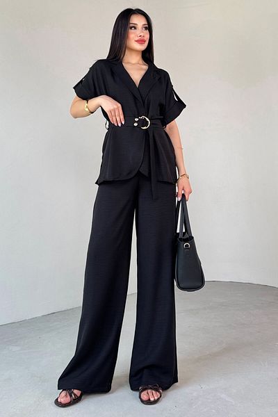 Cappmoda TKM-13293 Μαύρο πέτο με μανίκια με κουμπιά Λεπτομερές πουκάμισο Μπουφάν & φαρδύ παντελόνι Σετ δύο τεμαχίων