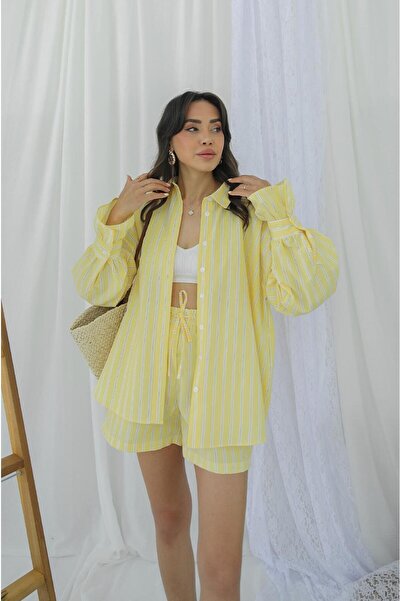 Havoş Yellow Striped Ruffle Detailed Shorts Suit