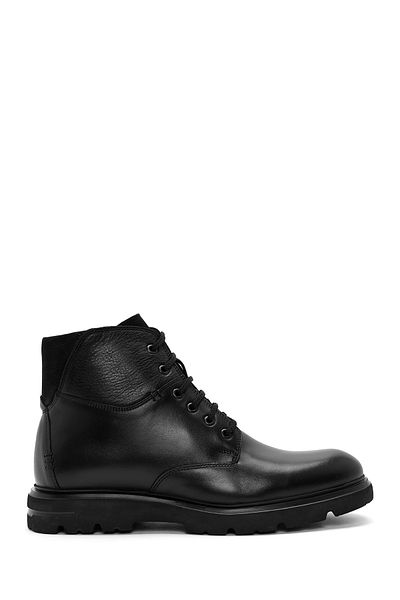 Derimod Men's Black Lace-Up Zipper Detailed Leather Casual Boots 24Wfd 711018
