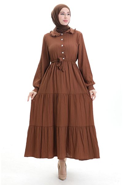 sefamerve Half Button Gathered Dress 2042-01 Tan
