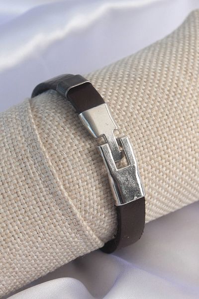 Silerra Brown Leather Model Silver Color Anchor Figure Men's Bracelet