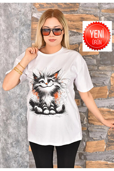 GEZEGENX pisică cu imprimeu supradimensionat Femeie tricou guler rotund