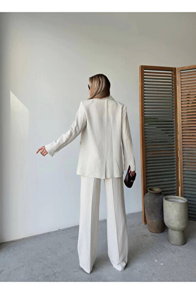 velmorafashion Velmora Linen Jacket Trousers Buttoned Long Sleeve Y Slit Two-Piece Set - White -