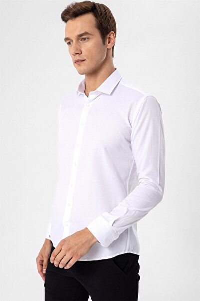 SÜVARİ Süvari Slim Fit Micro Patterned Easy-Iron Sweat-Absorbing Breathable Tie Collar Four Seasons Men's Shirt