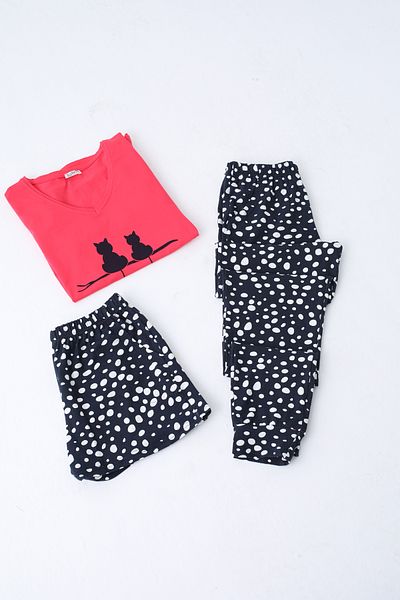Nicoletta Women's Pajamas Set - 3-Piece Set with Shorts, Long, Short Sleeve, Lycra Pocket Nar